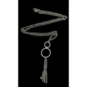 Geometric Multi Ring Silver Tone Tassel Pendant Necklace